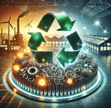 The image features a closed-loop recycling cycle with glowing metal scraps being transformed into re