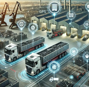 A high-tech logistics hub for scrap metal transportation, featuring GPS-tracked trucks loading and u