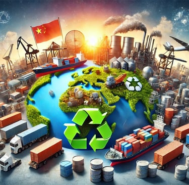 Global scrap metal recycling scene highlighting China's central role, featuring cargo ships, contain