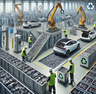 A hyper-realistic catalytic converter recycling facility with workers in safety gear handling used c