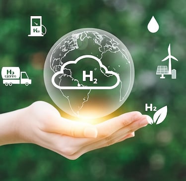 A hand holding a glowing globe with a hydrogen (H₂) symbol at its center, surrounded by icons repres