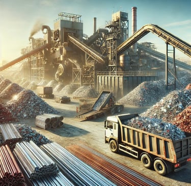 An industrial scrapyard with large piles of sorted scrap metal, including aluminum, copper, and stee