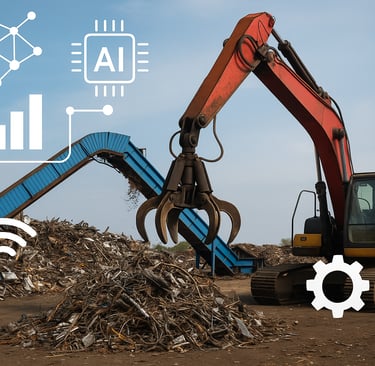 Excavator sorting scrap metal at a modern, tech-enabled scrap yard with conveyor belt in the back