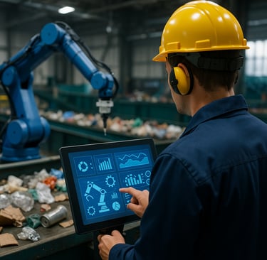 Worker using touchscreen to control robotic sorter in a recycling facility.