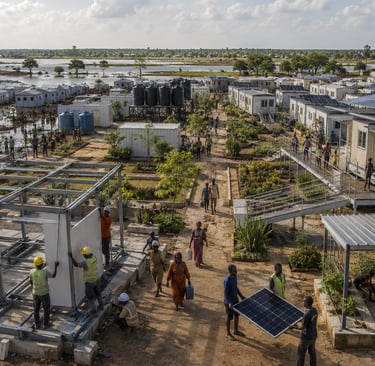 Climate migration settlement with reusable modular buildings, raised steel frames, solar panels, etc