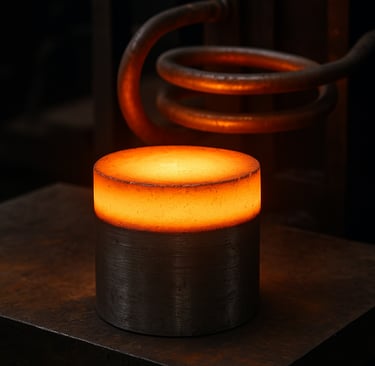 glowing titanium billet heating under induction coil in metallurgical furnace