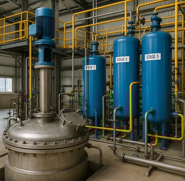 Industrial plant with stainless steel tank and blue solvent extraction columns connected by pipes.