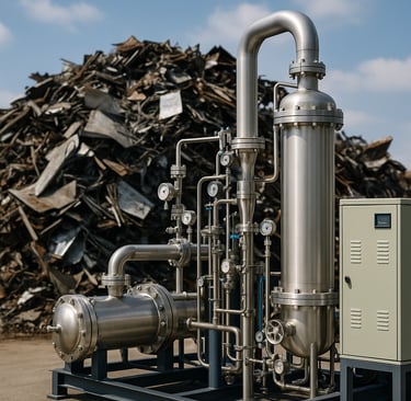 Supercritical CO₂ extraction skid beside a steel scrap pile.