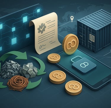 3D image of metals, blockchain, and tokens symbolizing recycling credits.