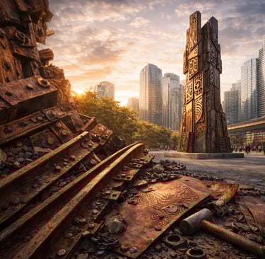 Rusted scrap metal transforming into a reclaimed steel monument in a modern city setting.