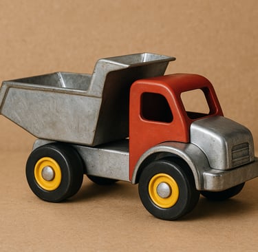 Recycled metal toy dump truck with red cabin and yellow wheels on a brown background.