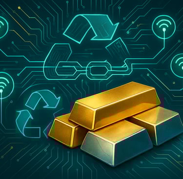 Gold and silver bars amid blockchain circuits and recycling arrows.