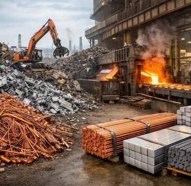 Scrap metal yard feeding into furnace with molten metal cast into finished bars.