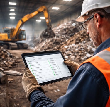 PPE-clad worker checks training records on a tablet at a scrap yard.