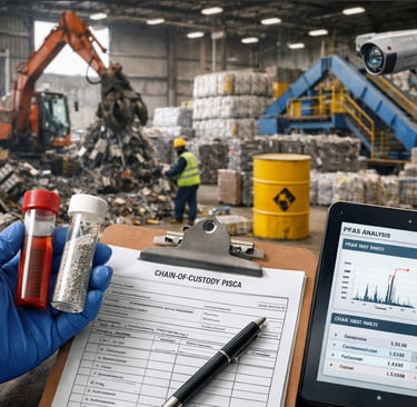 Gloved hand holding sample vials and a chain-of-custody form inside a recycling facility.