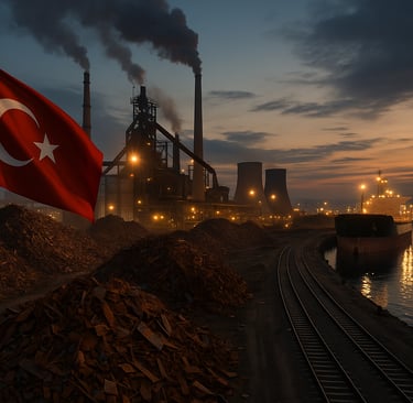 Turkish steel port at dusk with scrap piles, cranes, and a bulk carrier.
