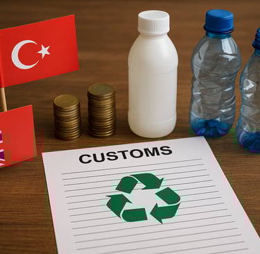 Turkey and UK flags with plastic bottles and recycling customs document.