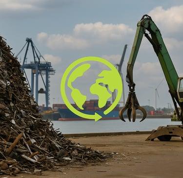 Scrap pile with claw machine at port, cranes and wind turbines in background.