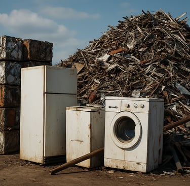 A daytime photograph of a scrap metal yard filled with old appliances, compressed metal bales, and p
