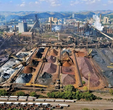A large-scale industrial mining site with piles of raw minerals, heavy machinery, and conveyor syste