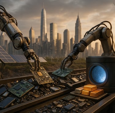 Robotic arms in a futuristic city extract metals from e-waste, with glowing ingots and renewable ene