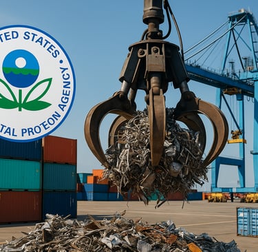 Crane lifting scrap metal at a port with shipping containers.
