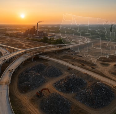 Aerial view of a large highway construction site with scrap metal piles and a steel mill at sunset.