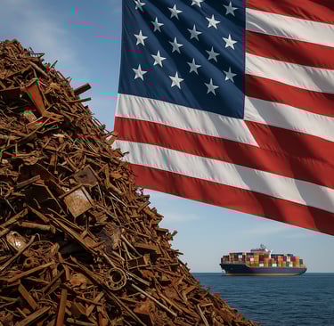 Rusted scrap pile with U.S. flag in the background and a container ship at sea.