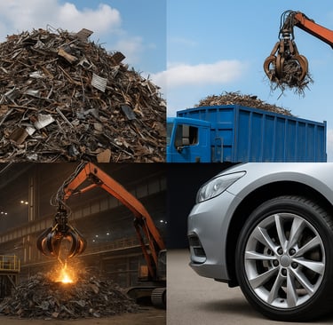 A composite image showing scrap metal collection, transport, recycling, and end-use in manufacturing