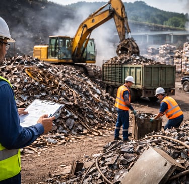 HSE inspector checking compliance paperwork at a scrap yard with PPE workers, an excavator loading