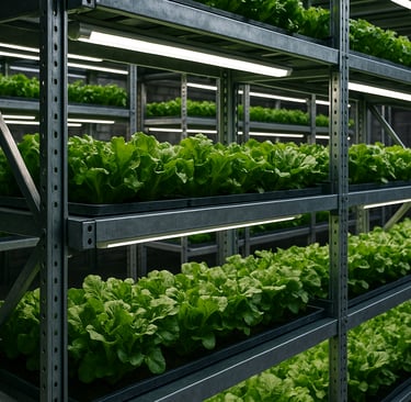 Hydroponic lettuce growing on recycled metal shelves under LED lights.