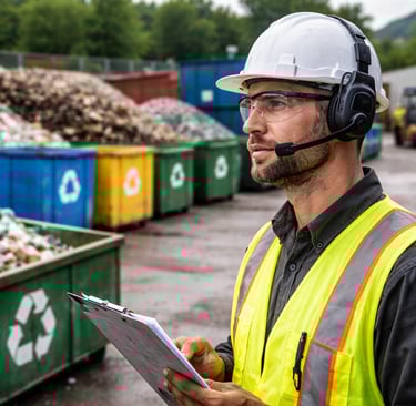 Recycling yard worker in PPE receiving a voice-assisted safety prompt near sorted material bins