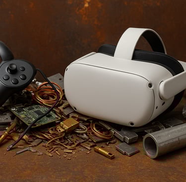 Discarded VR headset and controller amid copper wires and scrap metal on a rusted surface.