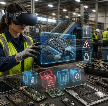 Worker using VR headset for e-waste safety training beside electronics disassembly bench.