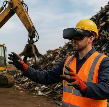 Worker in scrapyard wearing VR headset and safety gear, with scrap metal piles and excavator in back