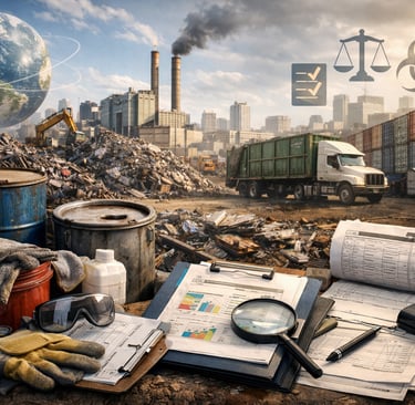 scrap yard inspection scene with hazardous waste drums, PPE, compliance paperwork, trucks