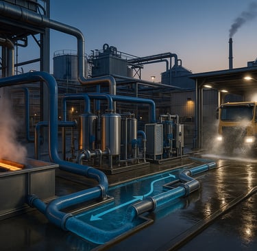 Industrial water recycling loop with quench and wash areas.