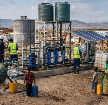 Modular water system made from repurposed metal serving families in a climate migration camp.