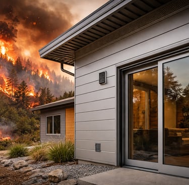 Fire-resistant metal-clad home with ember-safe vents near a wildfire.