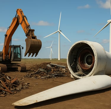 Wind turbine decommissioning site with scrap metal, an excavator, and dismantled turbine parts.