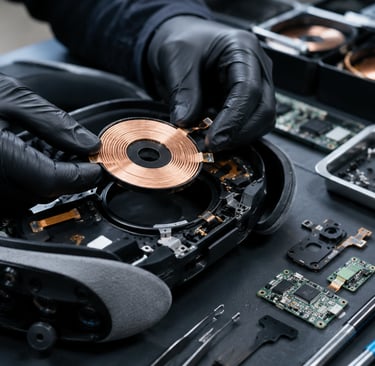 A technician wearing black gloves carefully removes a copper wireless charging coil