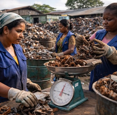 Three women sort and weigh scrap metal at a busy recycling yard, showing women-led cooperative work