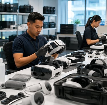 Technicians inspect and prepare returned XR headsets for redeployment in a corporate technology room