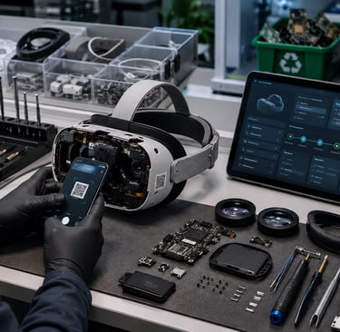 Technician scanning an XR headset on an electronics repair bench with parts, and tools.