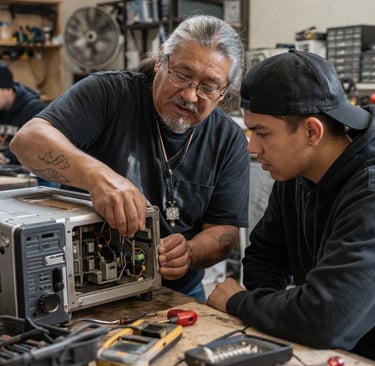 Older mentor guiding a young apprentice through appliance repair in a busy community workshop