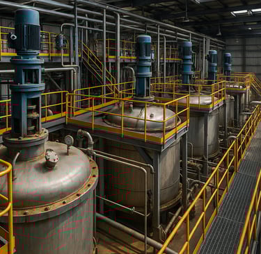 Zinc recycling plant with large steel tanks, pipes, and yellow railings.