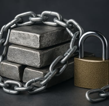 Locked metal ingots wrapped in a heavy chain, symbolizing confidential traceability.