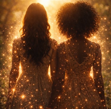 two sparkling women standing side by side
