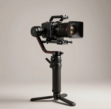 Photography of a sleek, black professional video camera stabilizer held by a professional in a minimalist Brazilian studio. The lighting is low-key with sharp off-white highlights, focusing on the precision and quality of the equipment.