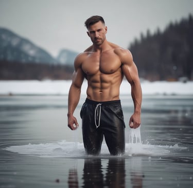 a man in a wetsuit standing in the ice water